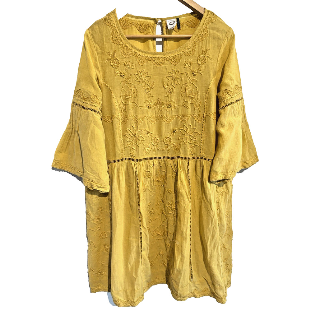 Anthropologie Womens Mini Dress Mustard Yellow Embroidered Boho Coquette Sz-XL - Picture 2 of 11